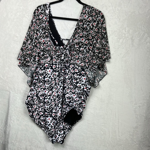 BloomChic Oversized Sleeve One Piece Dolman Mesh Sleeve Ruched Black Swimsuit - Picture 9 of 15